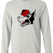 NC State vintage booster club tee, featuring an NCSU wolf graphic on old skool grey; preshrunk ringspun cotton, available in men's and ladies sizes, short or long sleeve.