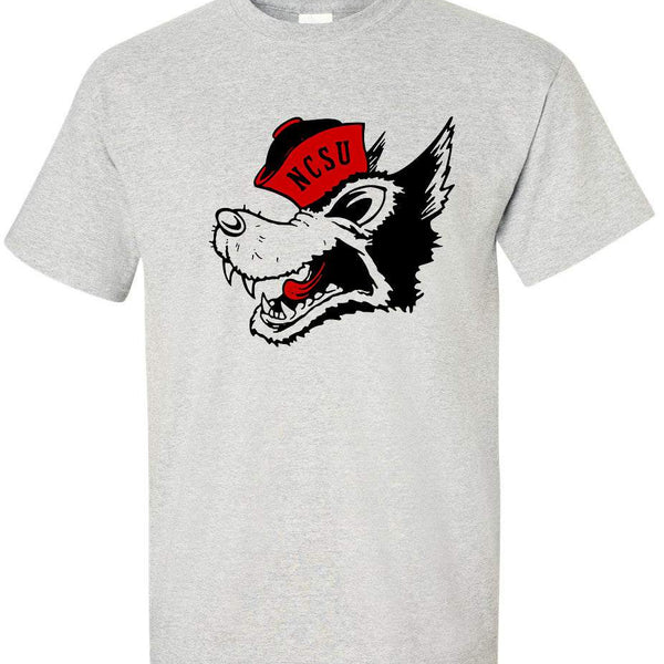 NC State Vintage Booster Club Tee in Old Skool Grey with logo print, available in short or long sleeves.