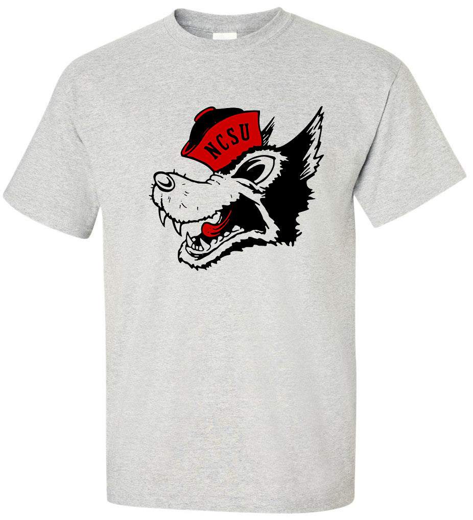 NC State Vintage Booster Club Tee in Old Skool Grey with logo print, available in short or long sleeves.