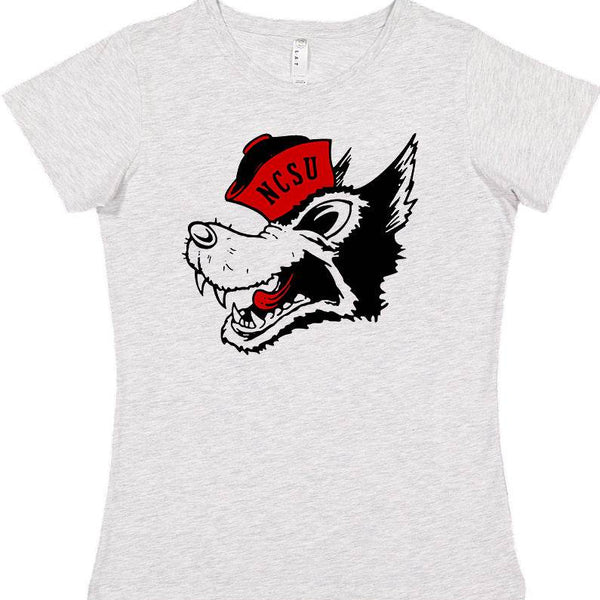 NC State Vintage Booster Club Tee in Old Skool Grey with NCSU wolf graphic.