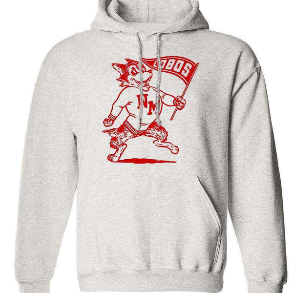 Vintage Lobos apparel in old skool grey hoodie with red graphic design.
