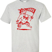 New Mexico Lobos vintage booster club tee in Old Skool Grey with red mascot graphic.