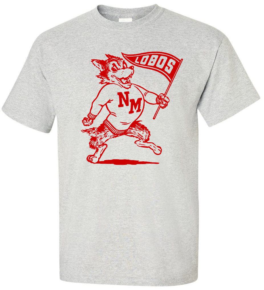 New Mexico Lobos vintage booster club tee in Old Skool Grey with red mascot graphic.