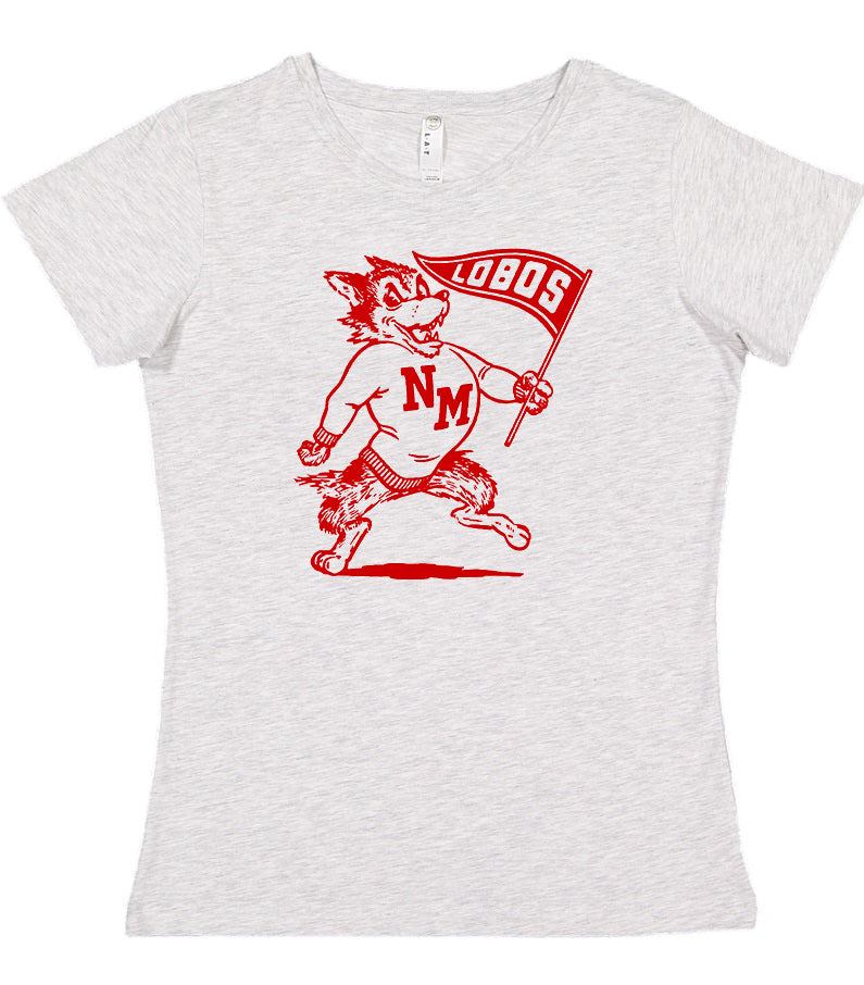 New Mexico Lobos vintage booster club tee in Old Skool Grey with red logo design.