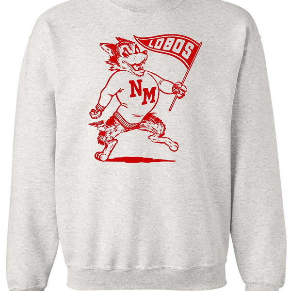 vintage Lobos apparel - New Mexico vintage booster club sweatshirt in Old Skool Grey with red graphic design, heavyweight cotton fleece.