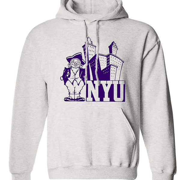 NYU Vintage Booster Club Sweatshirt in Old Skool Grey with logo, unisex sizes, crewneck or hoodie styles.
