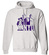 NYU Vintage Booster Club Sweatshirt in Old Skool Grey with logo, unisex sizes, crewneck or hoodie styles.