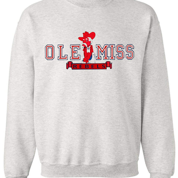 Ole Miss Vintage Rebels sweatshirt in Old Skool Grey with logo, heavyweight cotton fleece.