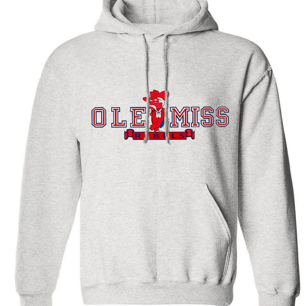 Ole Miss Vintage Rebels sweatshirt in Old Skool Grey, featuring a hoodie design with pouch pockets.