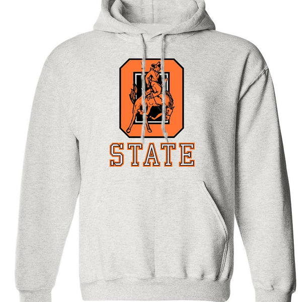 Oklahoma State Vintage Booster Club sweatshirt in old skool grey with pouch pockets and orange emblem.