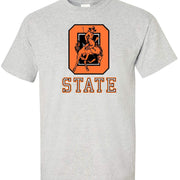 Oklahoma State Vintage Booster Club tee in Old Skool Grey featuring a retro design.