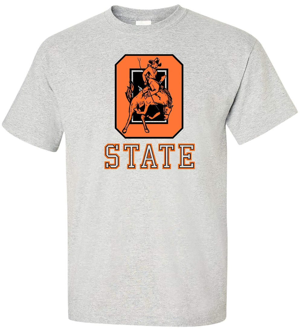 Oklahoma State Vintage Booster Club tee in Old Skool Grey featuring a retro design.
