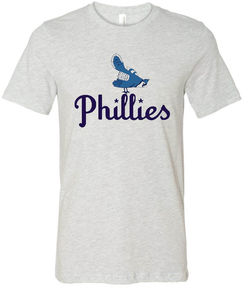 1944 Philadelphia Phillies Blue Jays Retro Tee in ash gray with vintage blue jay and Phillies logo.