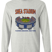 New York Mets Shea Stadium tee in old skool grey, featuring a Shea Stadium graphic and text "Flushing Meadows, New York".