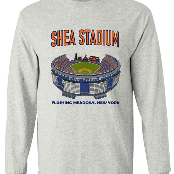 New York Mets Shea Stadium tee in old skool grey, featuring a Shea Stadium graphic and text "Flushing Meadows, New York".