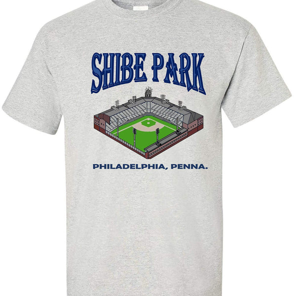 Vintage Shibe Park Tee in Old Skool Grey featuring a detailed illustration of Shibe Park stadium, representing Philadelphia baseball history.