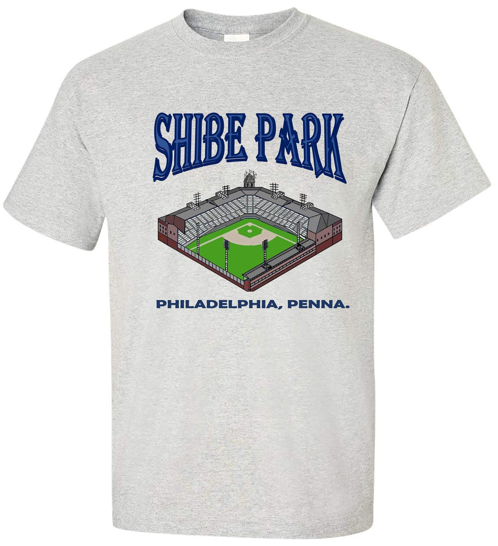 Vintage Shibe Park Tee in Old Skool Grey featuring a detailed illustration of Shibe Park stadium, representing Philadelphia baseball history.