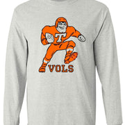 Tennessee Vols Vintage Booster Club tee in Old Skool Grey with long sleeves, featuring retro Vols player design.