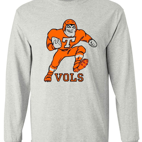 Tennessee Vols Vintage Booster Club tee in Old Skool Grey with long sleeves, featuring retro Vols player design.