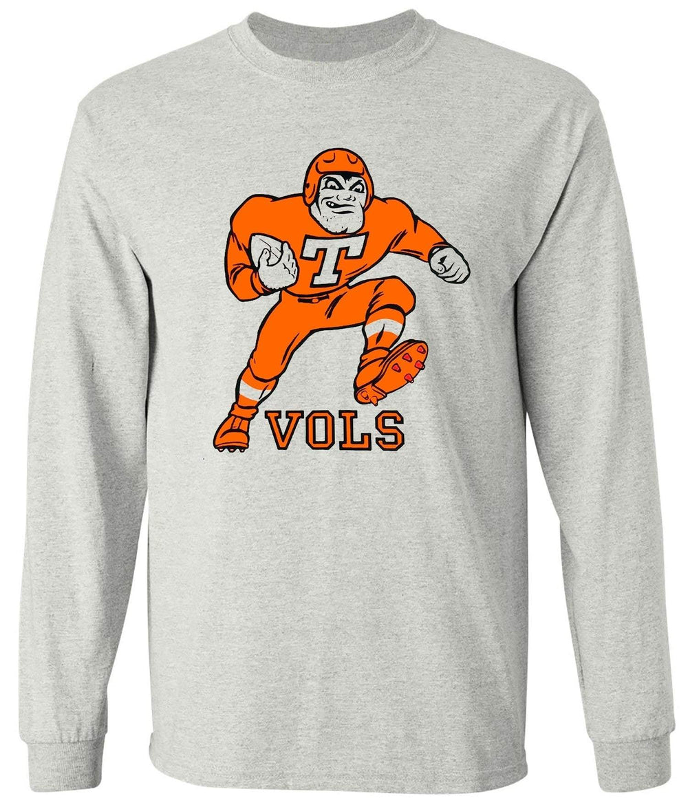 Tennessee Vols Vintage Booster Club tee in Old Skool Grey with long sleeves, featuring retro Vols player design.