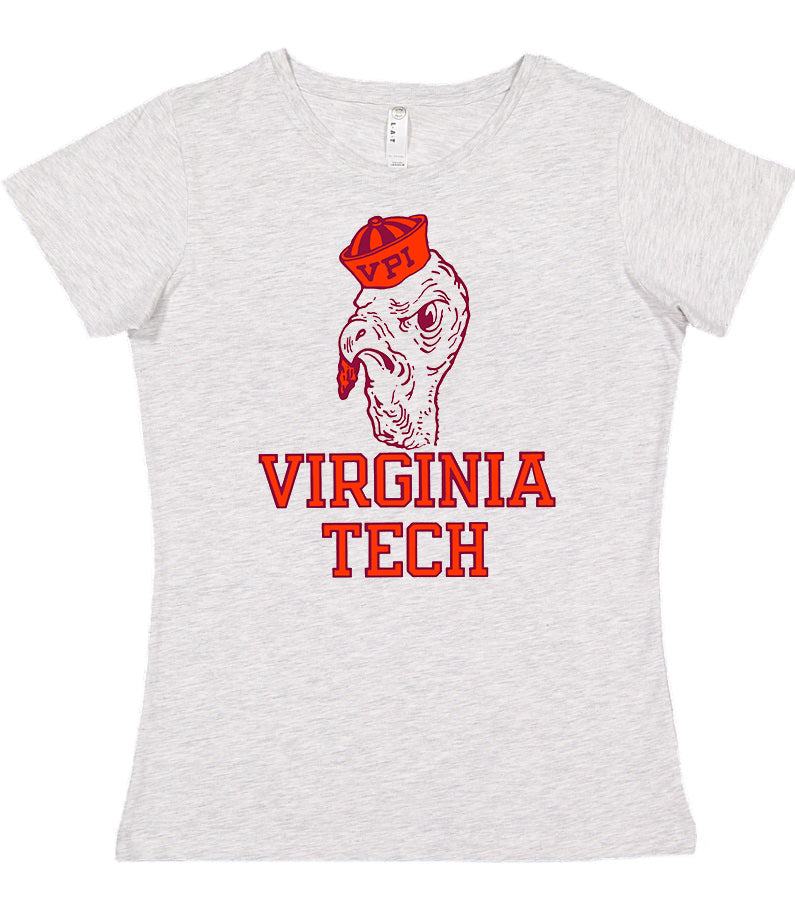 Virginia Tech Vintage Booster Club tee in Old Skool Grey with "Virginia Tech" design on preshrunk ringspun cotton.