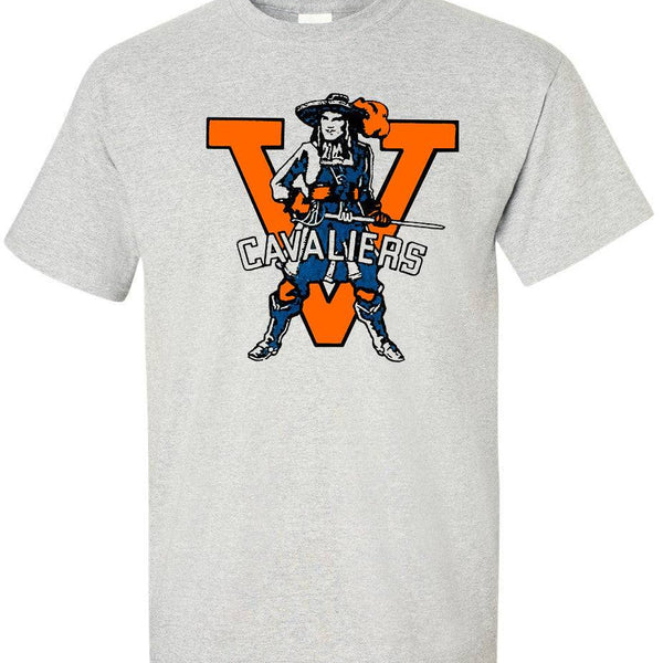 Virginia Cavs Vintage Booster Club Tee in Old Skool Grey with Cavaliers logo, 100% ringspun cotton.