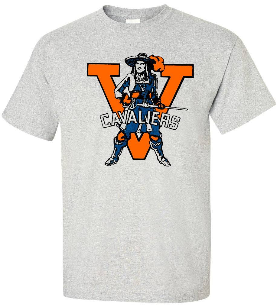 Virginia Cavs Vintage Booster Club Tee in Old Skool Grey with Cavaliers logo, 100% ringspun cotton.