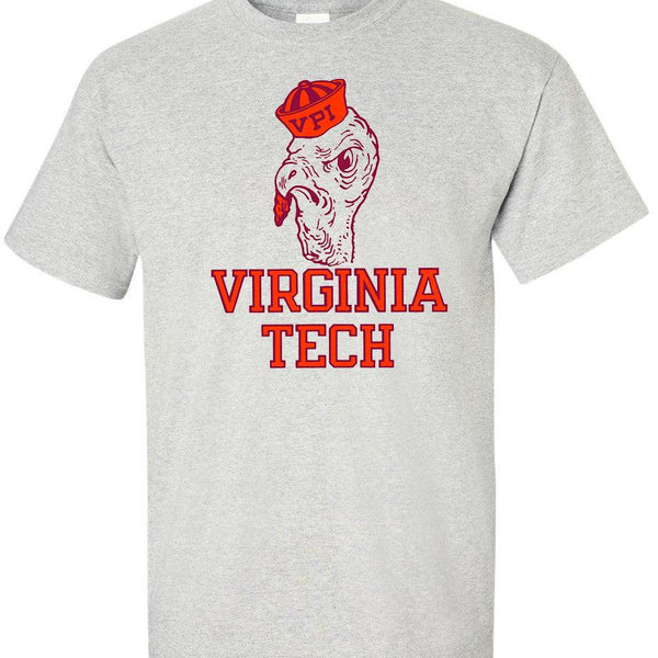 Virginia Tech Vintage Booster Club tee in Old Skool Grey with retro design, 100% ringspun cotton.