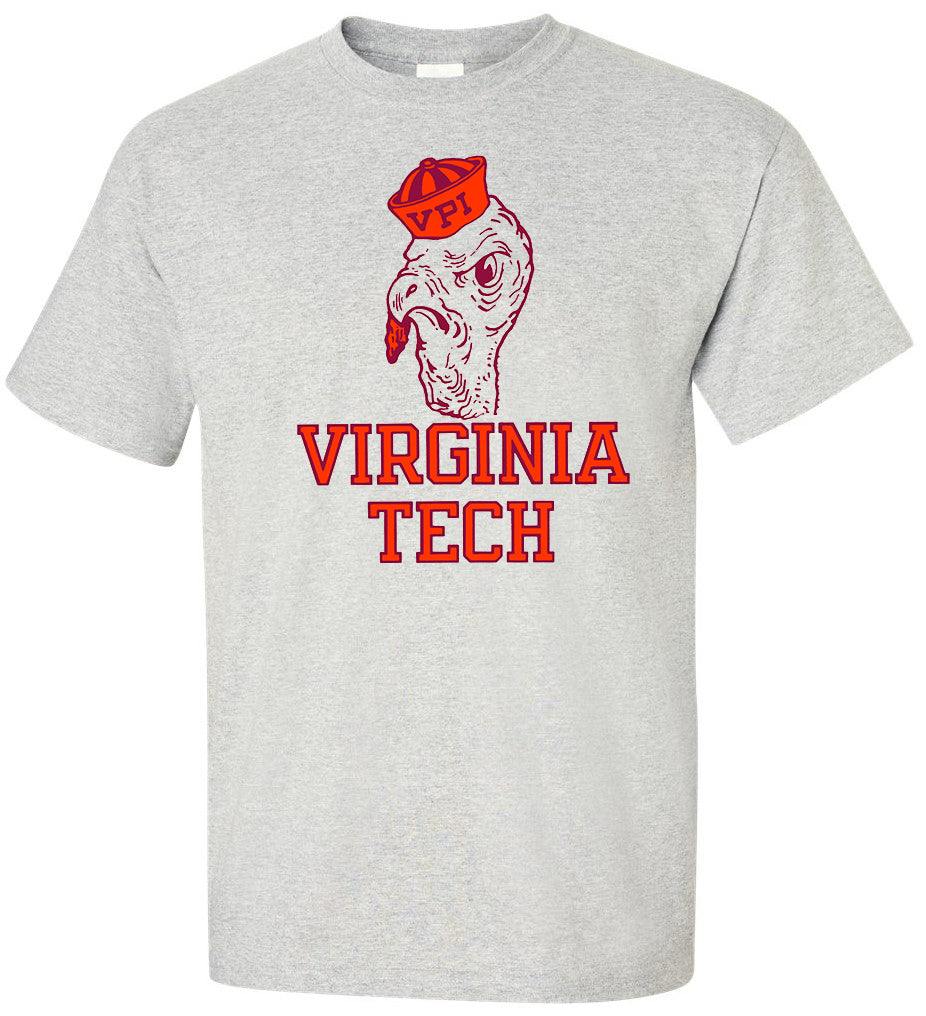 Virginia Tech Vintage Booster Club tee in Old Skool Grey with retro design, 100% ringspun cotton.