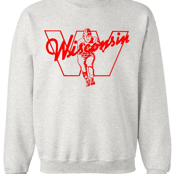 Wisconsin Football Vintage 1937 Booster Club sweatshirt in Old Skool Grey with red logo.