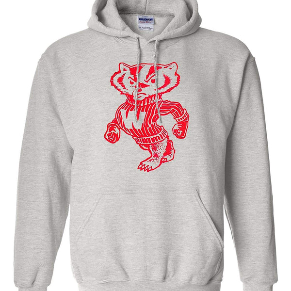 Wisconsin Vintage Booster Club sweatshirt in Old Skool Grey with red graphic, heavyweight cotton rich fleece, unisex fit.