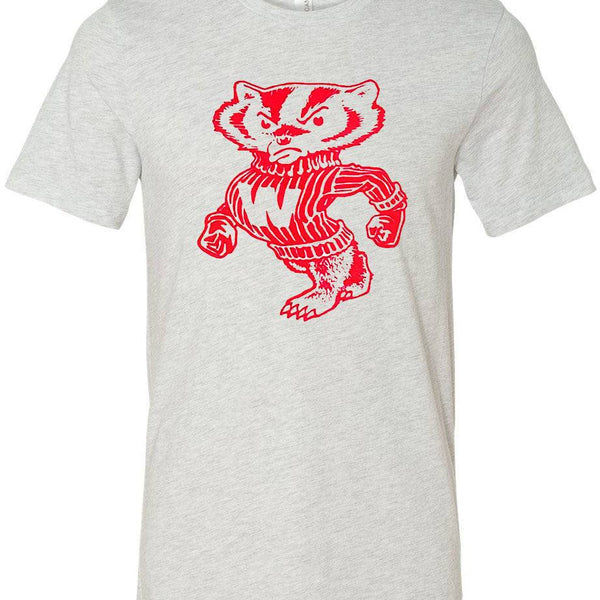 Wisconsin Badgers vintage booster club tee in Old Skool Grey with retro logo.