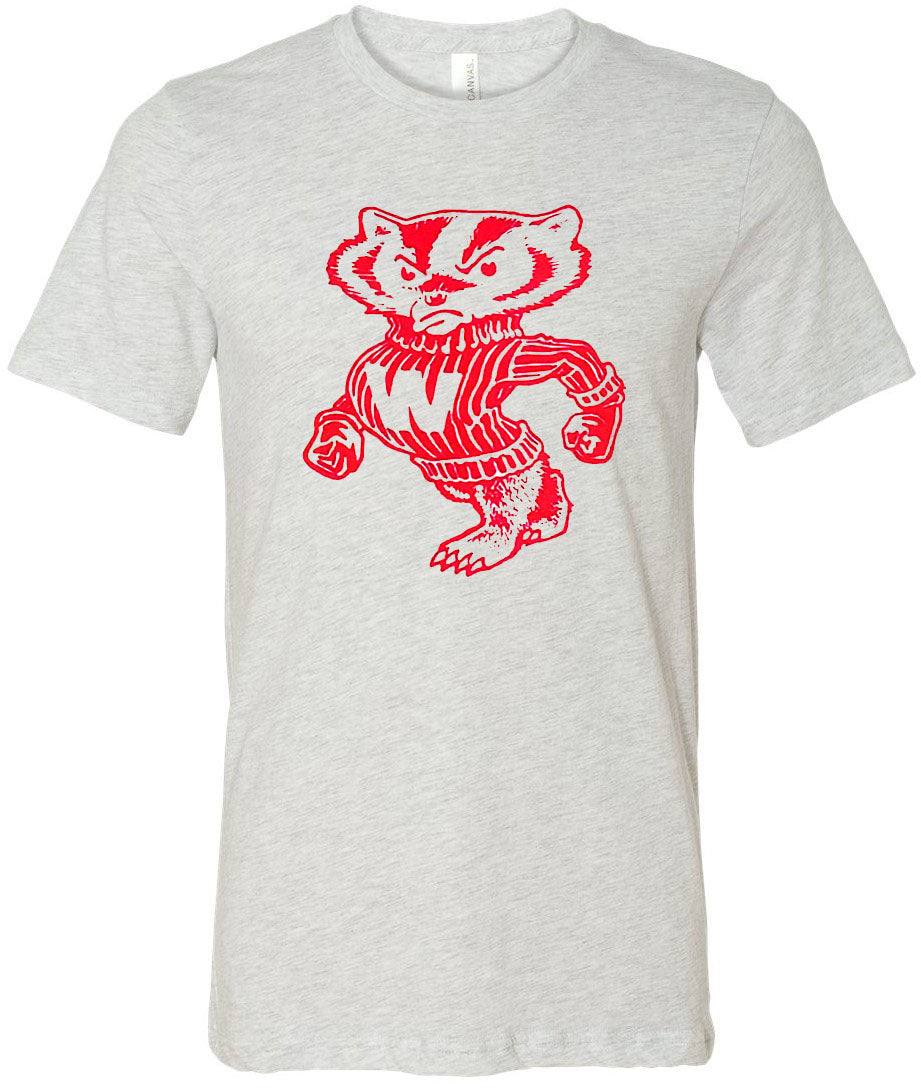 Wisconsin Badgers vintage booster club tee in Old Skool Grey with retro logo.