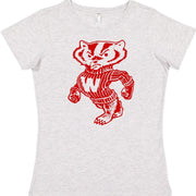 Wisconsin Badgers Vintage Booster Club tee in Old Skool Grey with red mascot design.