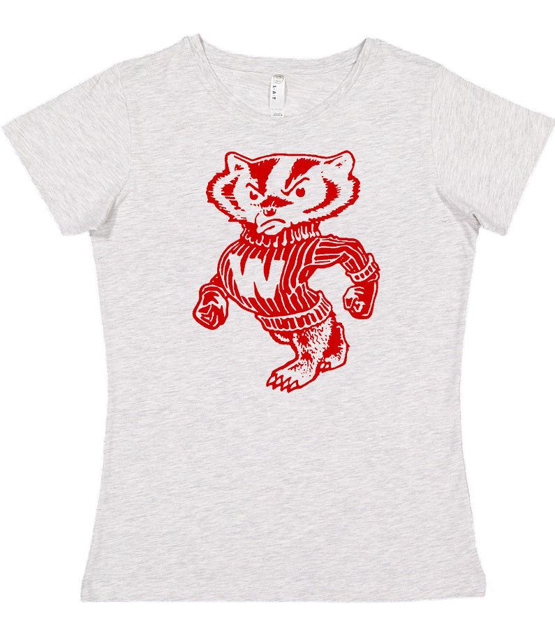 Wisconsin Badgers Vintage Booster Club tee in Old Skool Grey with red mascot design.