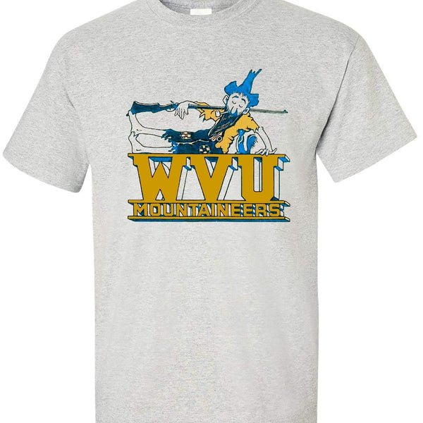 West Virginia Vintage booster club tee in Old Skool Grey featuring Mountaineers graphic.