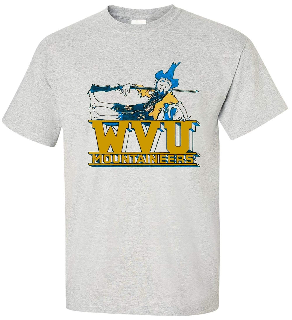 West Virginia Vintage booster club tee in Old Skool Grey featuring Mountaineers graphic.