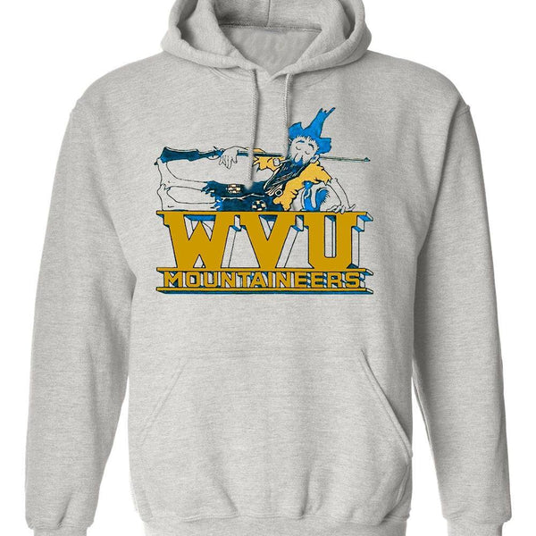 West Virginia Vintage Mountaineers grey sweatshirt with hood and pouch pockets.