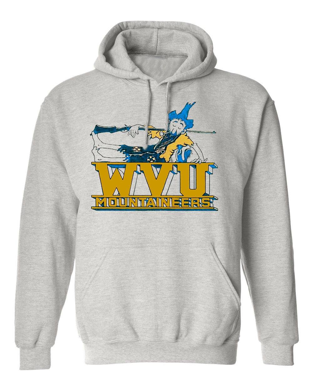 West Virginia Vintage Mountaineers grey sweatshirt with hood and pouch pockets.