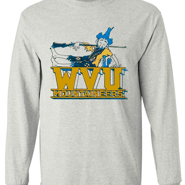 West Virginia Vintage Booster Club Tee in Old Skool Grey featuring Mountaineers design.